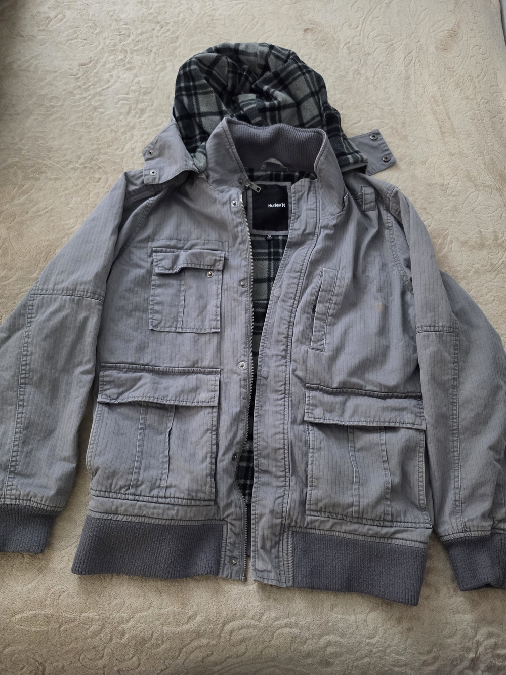 Hurley Gray Hooded Military-Style Field Jacket
